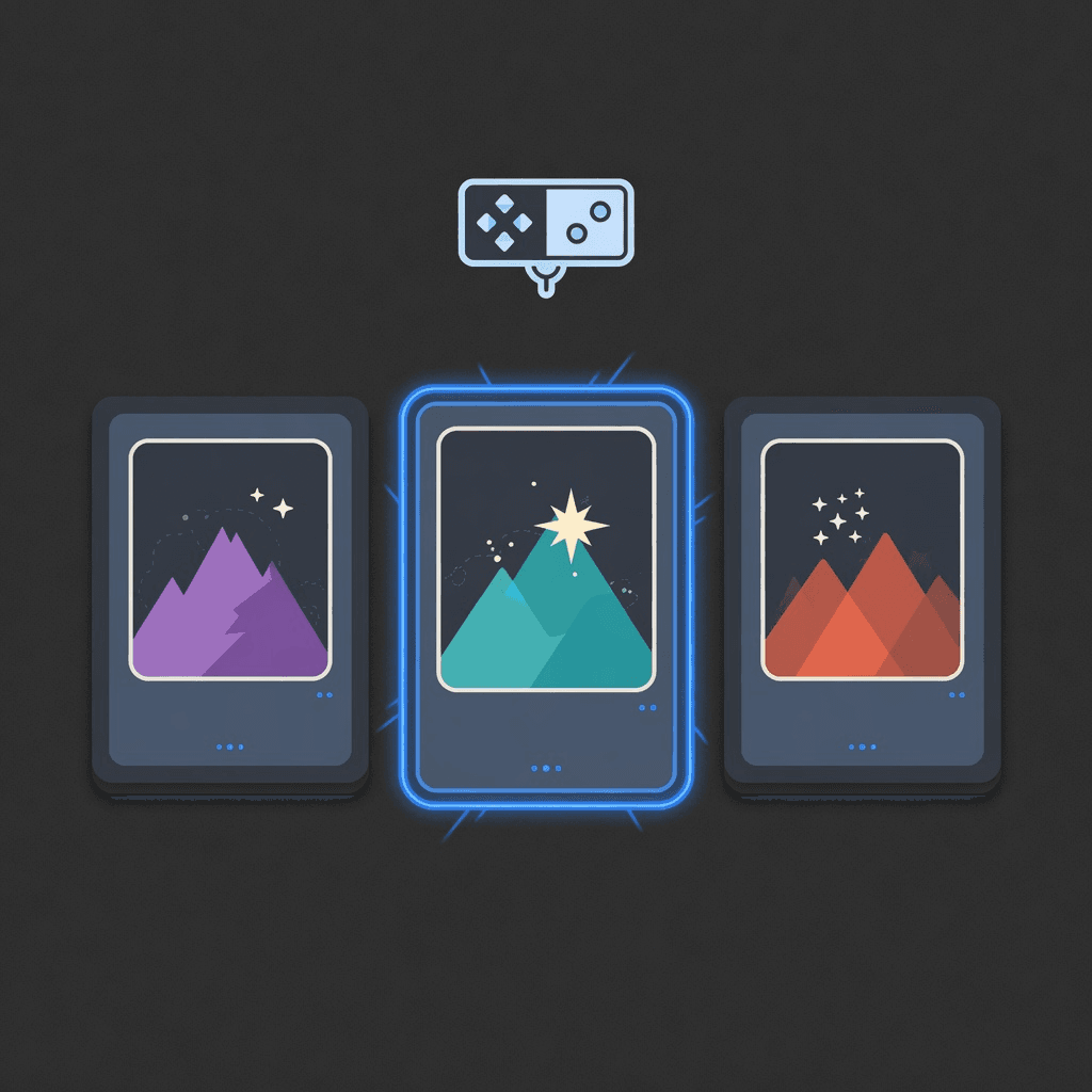 Three game tiles on a dark board, with one highlighted by a blue selection ring