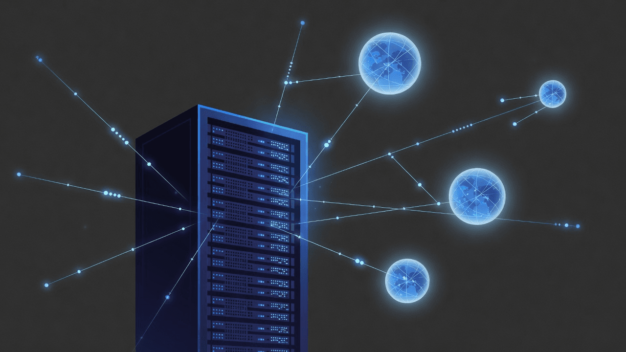 A dedicated game server rack glowing with blue network links to hosted worlds