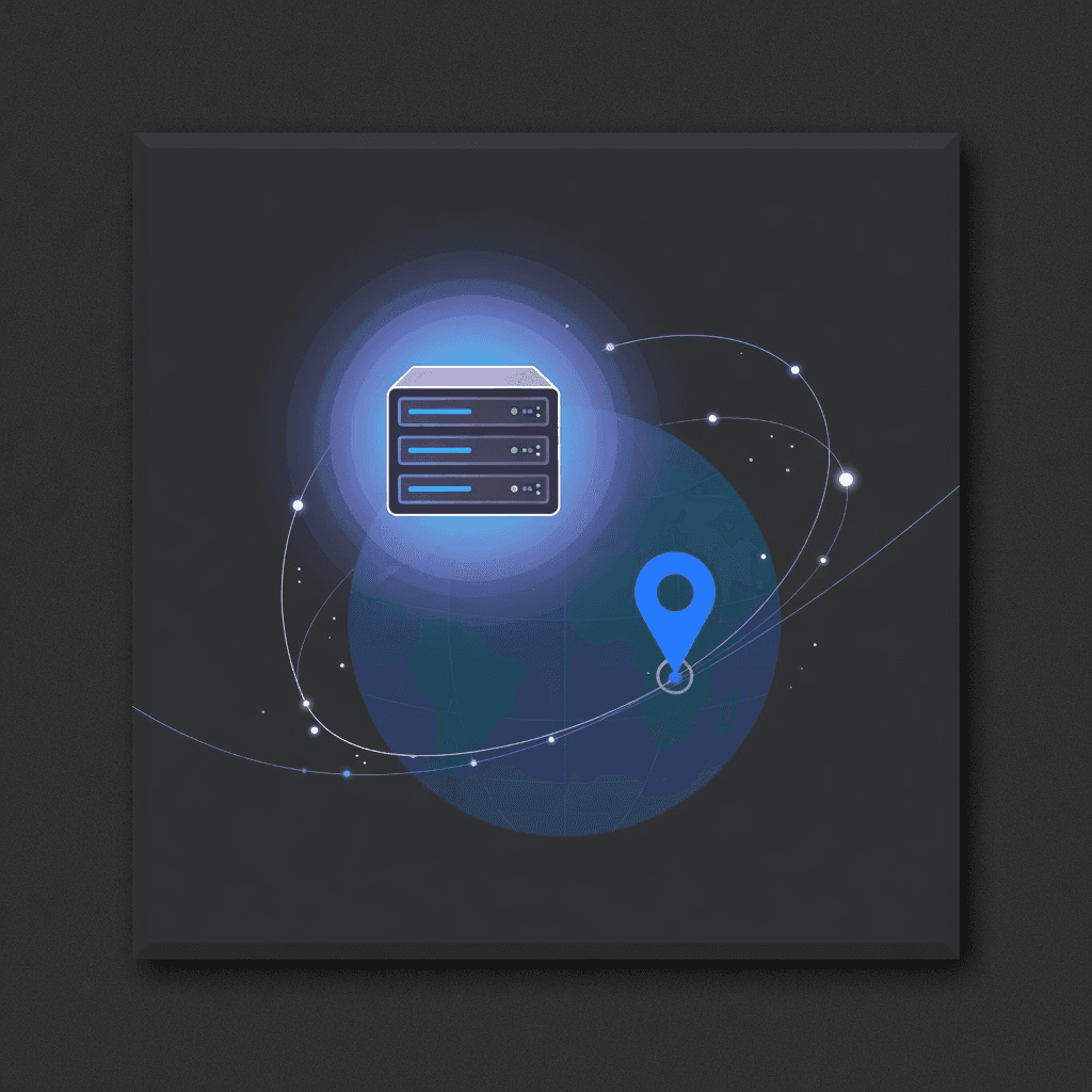 A glowing server node appearing over a globe with a blue pin in the nearest region