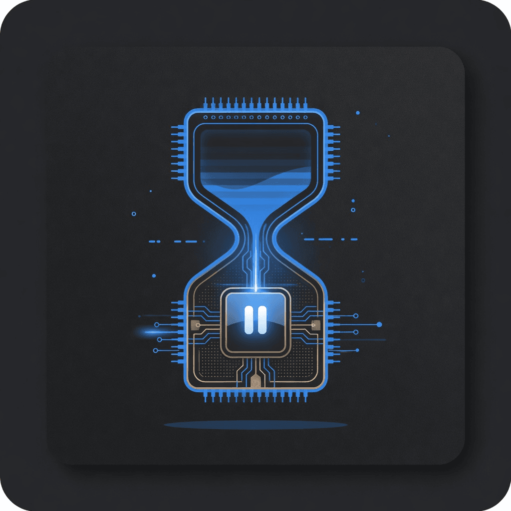 An hourglass fused with a credit chip, suggesting you only pay while the server runs